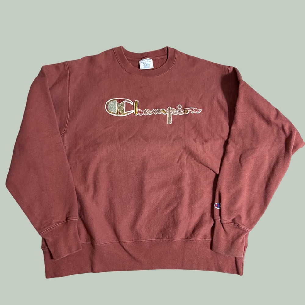 Champion Reverse Weave Sweatshirt XL Red Chenille Script Logo Pullover 0220
